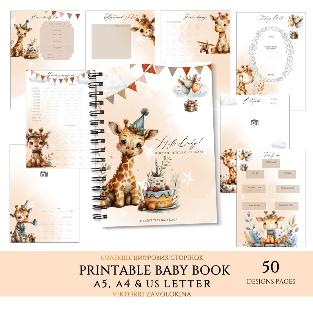 Printable Baby Memory Book Pages, Giraffe Baby Monthly Milestone Book ...
