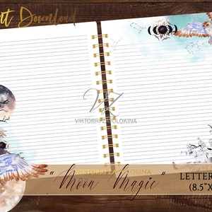 May include: A printable planner page with a moon, owl, and stars design. The page is lined and has the text "Moon Magic" and "Letter Size (8.5" x 11")".