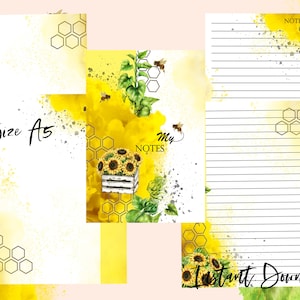 May include: A set of printable A5 stationery featuring a sunflower and bee theme. The design includes sunflowers in a bucket, honeycomb patterns, and bees. The text "My Notes" is included on one of the pages.