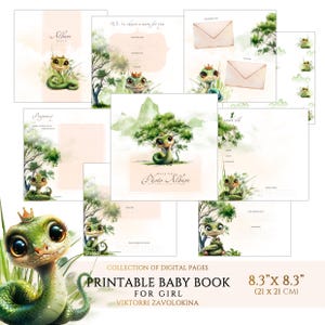 Könnte beinhalten: Ein druckbares Babybuch mit einer grünen Schlangenfigur, die eine Krone trägt. Das Buch ist 8,3 Zoll mal 8,3 Zoll groß und hat einen Aquarellhintergrund. Das Buch enthält Seiten für Fotos, Erinnerungen und Meilensteine.