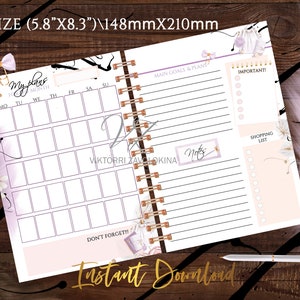 A5 Undated Monthly Planner Printable Pages - Boss Lady Girl A5 Planner Inserts Size PDF - Digital Planner Pages