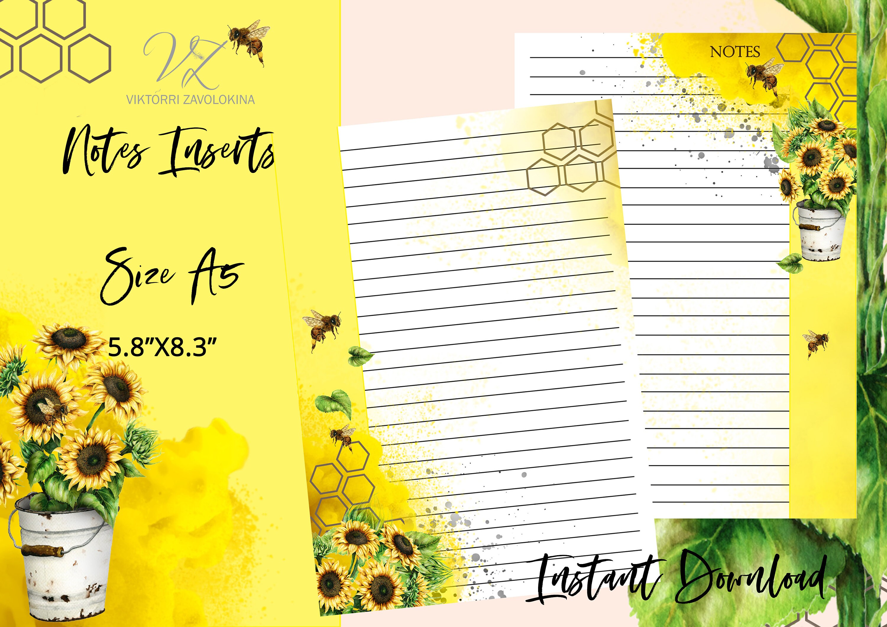 Lined Notes and Unlined Journal Paper - Sunflowers Bees Printable ...