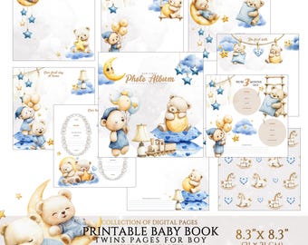 May include: Printable baby book pages for twins with a blue and yellow color scheme. The pages feature illustrations of teddy bears, stars, moons, and clouds. The text "Our First Photo Album" is featured on one of the pages. The pages are 8.3 inches by 8.3 inches.