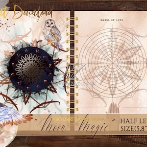 May include: A printable planner cover featuring a watercolor design with an owl, a moon, and a mandala. The text "Moon Magic" is written in a decorative font. The planner is half letter size, measuring 5.8 inches by 8.3 inches.