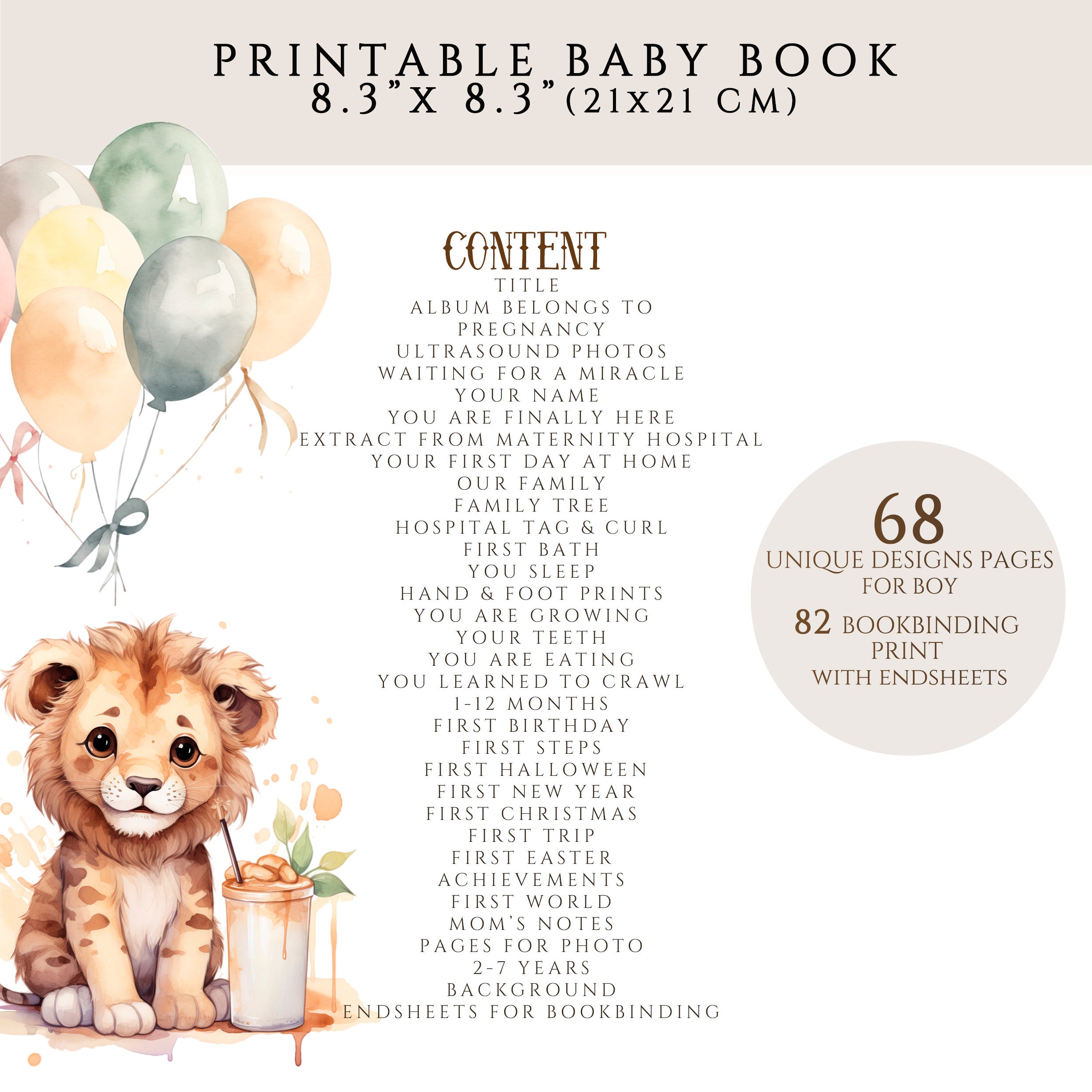 Baby Lion Printable Baby Memory Book Pages, First Year Baby Monthly ...