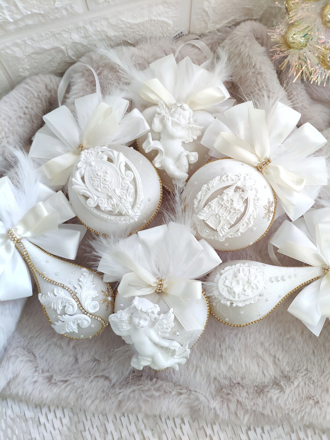 Ivory & White Christmas Tree Balls Unique Christmas Toys Etsy UK