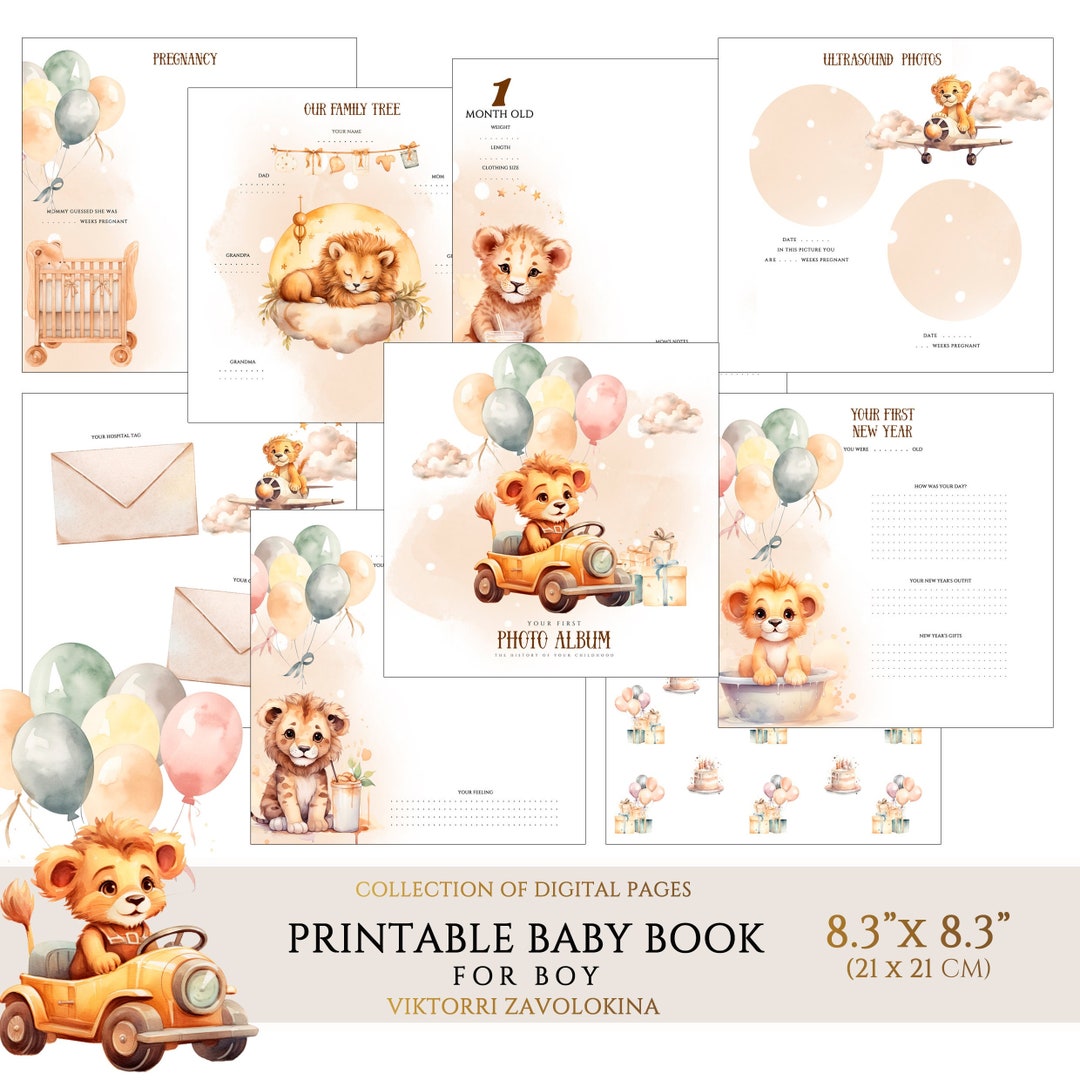 Baby Lion Printable Baby Memory Book Pages, First Year Baby Monthly ...