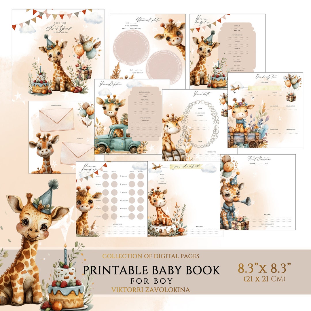 Printable Baby Memory Book Pages, Sweet Giraffe Baby Monthly Milestone ...