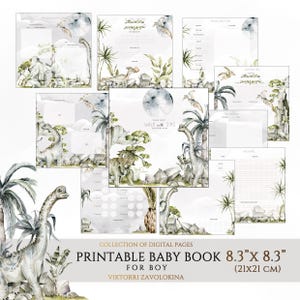 May include: A printable baby book with a dinosaur theme. The cover features a watercolor illustration of a green and gray dinosaur with a moon in the background. The text "Your First Walk with Dino" is printed on the cover. The book is 8.3 inches by 8.3 inches.