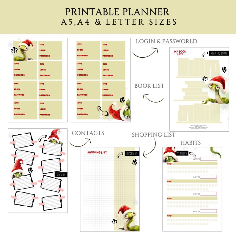 Password Snakes Funny Snake Printable Planner Pages, Christmas Snakes Notebook Cover ...