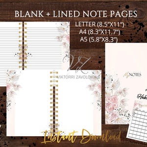 May include: A printable digital download of blank and lined note pages with a floral design. The pages are available in Letter, A4, and A5 sizes. The download also includes a bonus habit tracker.