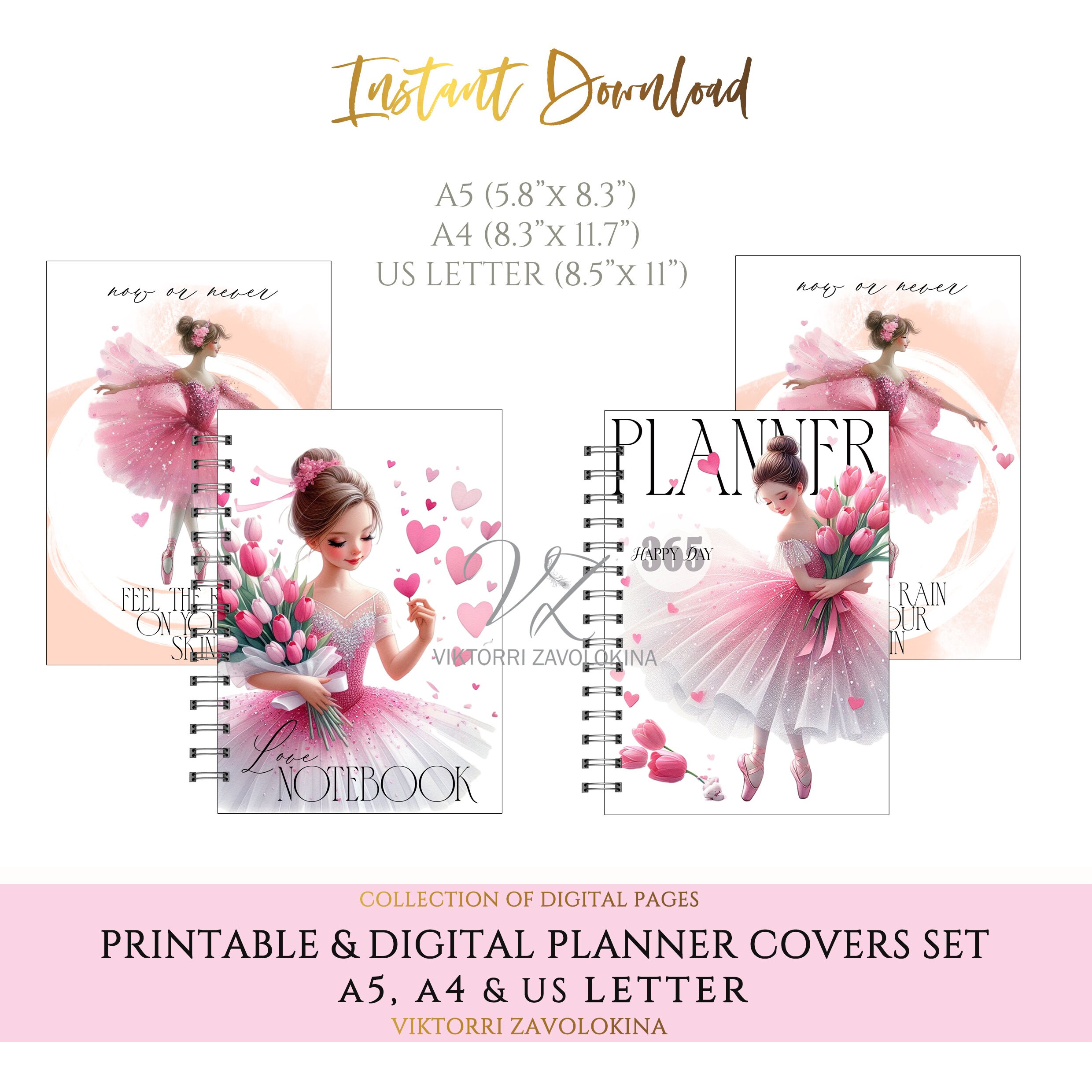 Ballerina Printable Planner Covers, Digital Notebook Cover, Printable ...