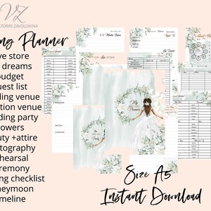 May include: A printable wedding planner with a watercolor background and floral design. The planner includes sections for love store, my dreams, budget, guest list, wedding venue, reception venue, wedding party, flowers, beauty + attire, photography, rehearsal, ceremony, wedding checklist, honeymoon, and timeline.