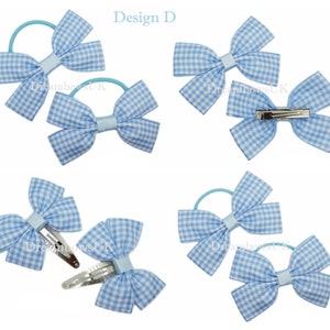 2x Baby blue gingham school bows, bobbles and hair clips FREE postage Design D