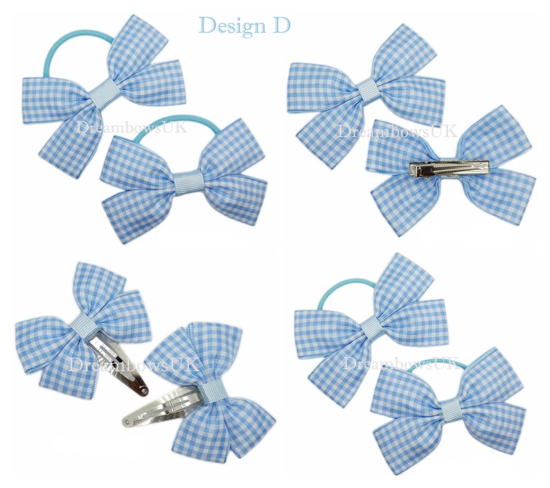 2x Baby blue gingham school bows, bobbles and hair clips FREE postage Design D