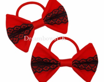 Noeuds pour cheveux filles rouges et noirs sur pompons épais, accessoires pour cheveux en tissu de coton faits main