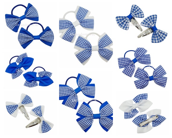 Royal blue and white gingham school bows Gingham bobbles or clips Summer bows 