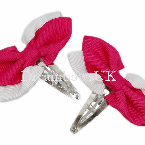 Stylish Cerise Pink and White Grosgrain Ribbon Hair Bows on Snap Clips!