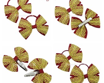 Handmade Hair Bow Burgundy and yellow/gold bobble set x4 Accessories School 