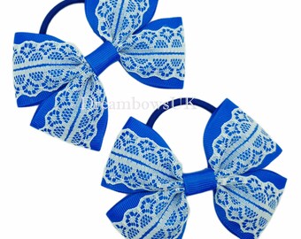 Elegant Royal Blue and White School Hair Bows on Thick bobbles - Last Pair Available!