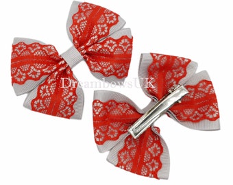 Elegant Silver and Red Lace Hair Bows on Alligator clips - Last Pair Available!