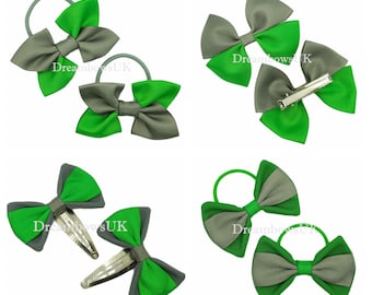 Grey and emerald green school bows, hair accessories, bobbles and hair clips
