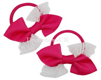 Cerise Pink and White Lace Hair Bows on thick bobbles!