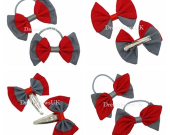 2x School grey and red fabric hair bows - school hair accessories - bobbles and hair clips