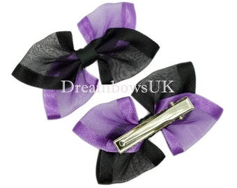 Elevate Her Look with Black and Purple Organza Ribbon Hair Bows on Alligator clips