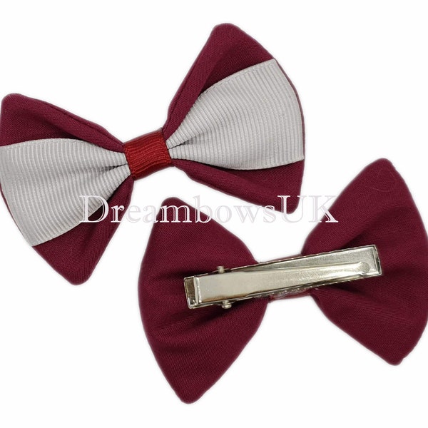 Stylish Burgundy and Silver School Bows on Alligator Clips!