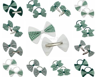2x Bottle green gingham school bows, bobbles and hair clips - FREE POSTAGE