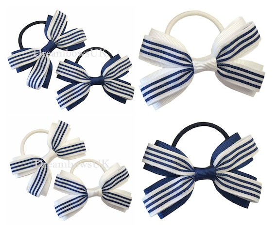 One pair RED or NAVY BLUE gingham check print bow bobble hair for school girls