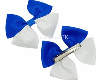 Complete Her School Look with Royal Blue and White Grosgrain Ribbon Bows on Thick bobbles!