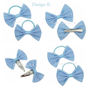 2x Baby blue gingham school bows, bobbles and hair clips FREE postage Design B