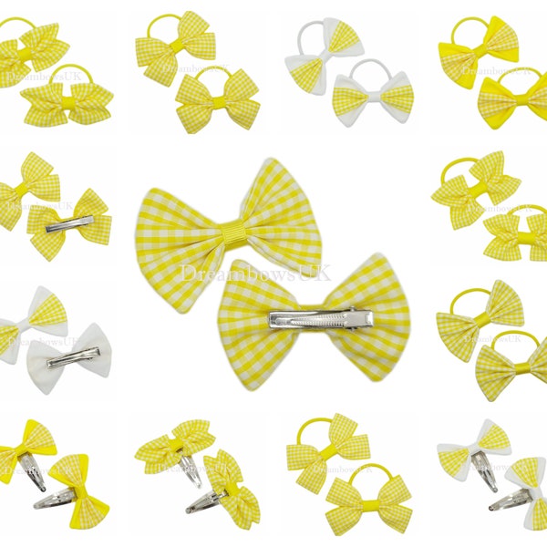 2x Yellow gingham school bows, bobbles and hair clips - FREE POSTAGE