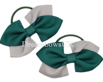 Elevate Her School Style with Bottle Green and Silver Grosgrain Ribbon Hair Bows on Thin Bobbles!