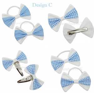 2x Baby blue gingham school bows, bobbles and hair clips FREE postage Design C