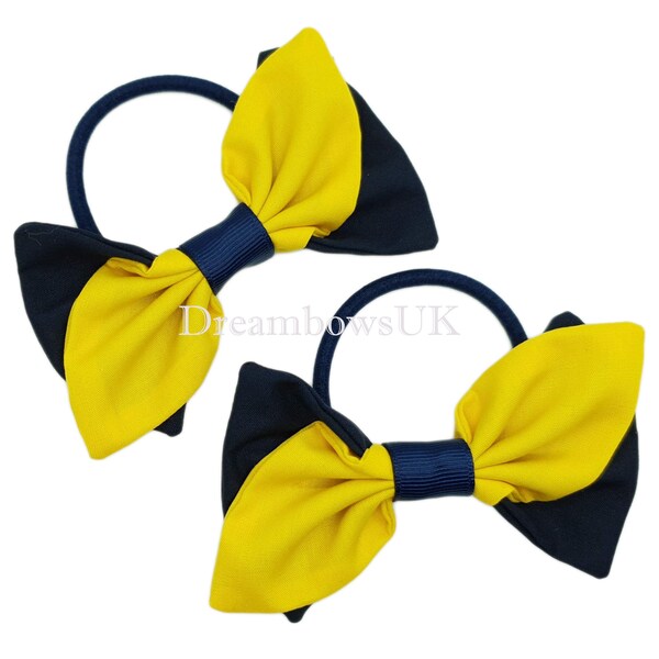 Stylish Navy Blue and Golden Yellow Fabric School Bows on Thick bobbles