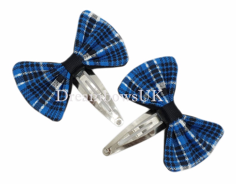 Thick or thin bobbles Black and blue tartan fabric hair accessories Tartan bows Alligator or snap clips