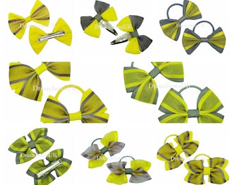 Grey and yellow organza hair bows, hair accessories, school hair bobbles and clips