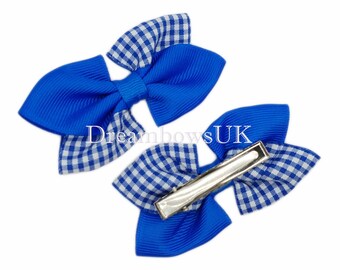 Complete Her Summer Uniform with Royal Blue Gingham Hair Bows on Alligator Clips!