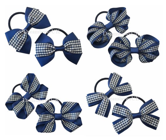 One pair RED or NAVY BLUE gingham check print bow bobble hair for school girls