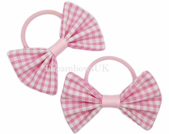 Elevate Her Look with These Baby Pink Gingham Fabric Hair Bows on Thick Bobbles!