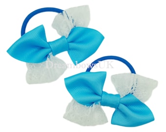 Elevate Her Style with Turquoise and White Hair Bows on Thick Bobbles!