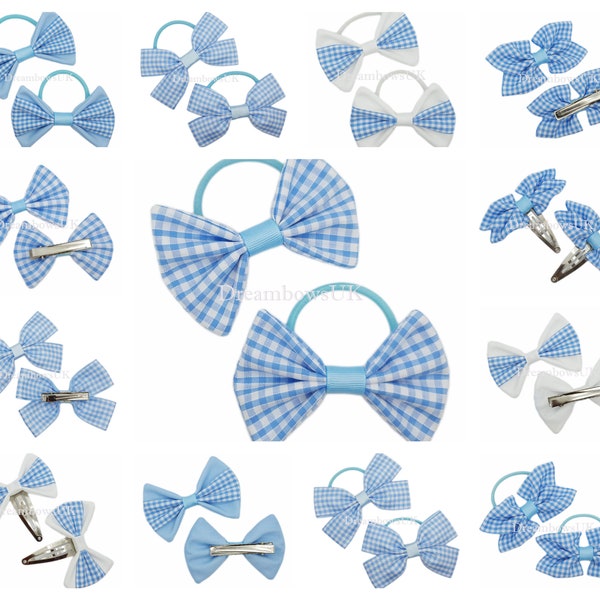 2x Baby blue gingham school bows, bobbles and hair clips - FREE postage