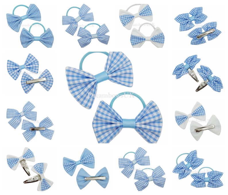 2x Baby blue gingham school bows, bobbles and hair clips FREE postage image 1