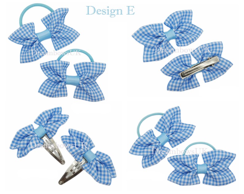 2x Baby blue gingham school bows, bobbles and hair clips FREE postage Design E
