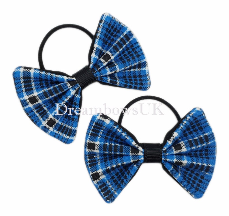 Thick or thin bobbles Black and blue tartan fabric hair accessories Tartan bows Alligator or snap clips