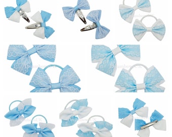 Baby blue and white lace hair bows/accessories, bobbles or hair clips, School hair bows
