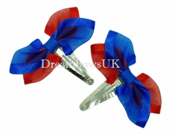 Royal Blue and Red Organza School Bows on Snap Clips, Handcrafted Hair Accessories